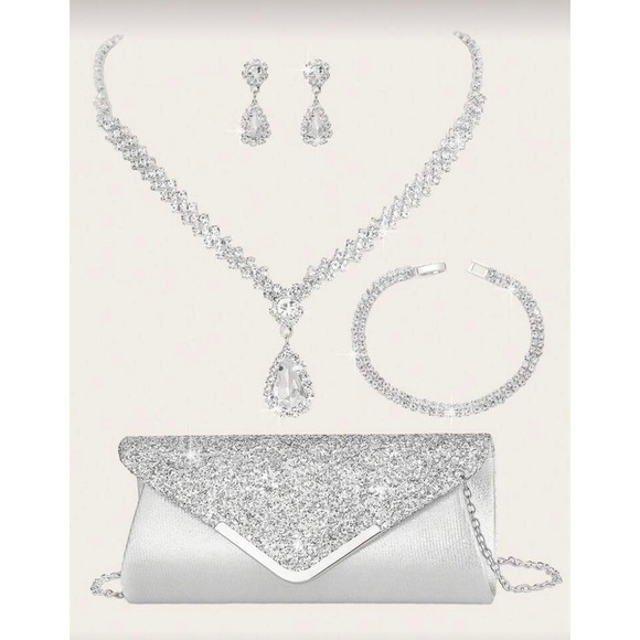 Silver Glitter Evening Clutch and Rhinestone Jewelry Set Wedding Prom 4-Piece